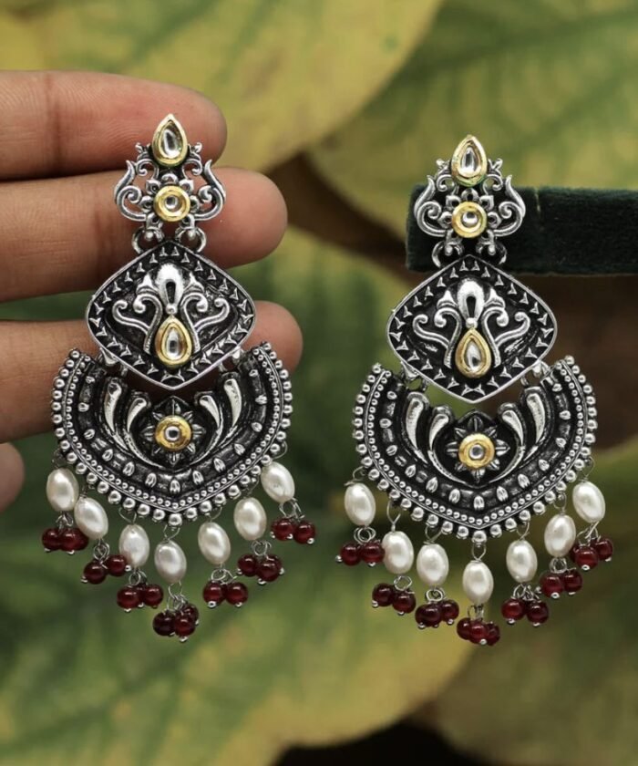 Maroon  Color Stone Oxidised Dual Tone Earrings AJP2023-22