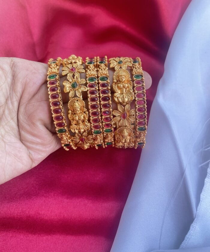Gold Toned Lakshmi Brass Bangles With Kempu Stone AJP2022-46